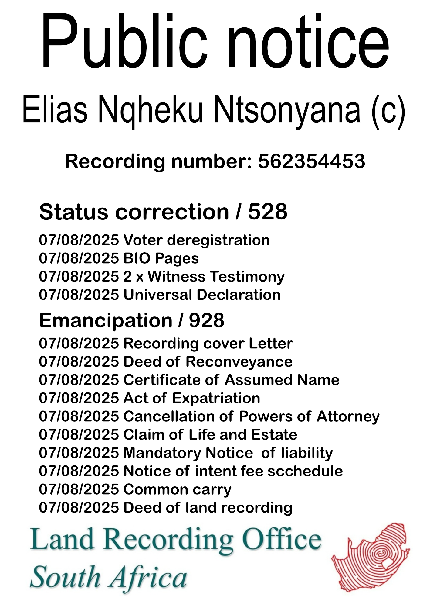 Public Notice Elias Nqheku Ntsonyana Recording Number 562354453